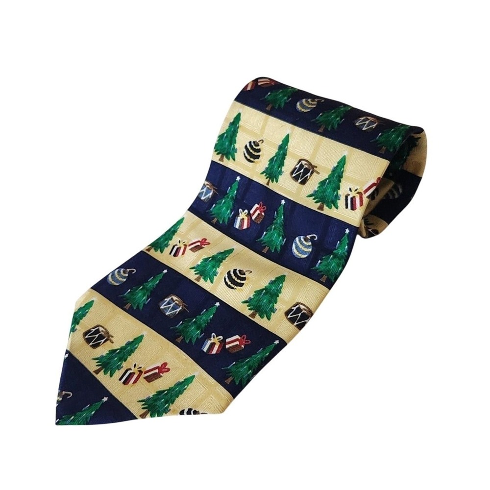Vivace Mens Silk Christmas Tie Navy Blue Cream Holiday Tree Ornament Made in USA